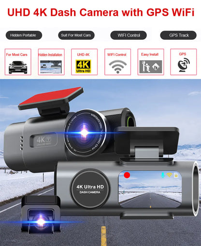 4K UHD Dual Lens Dash Cam Front & Rear | Night Vision, WiFi & GPS Car Dashboard Camera with 24H Parking Mode