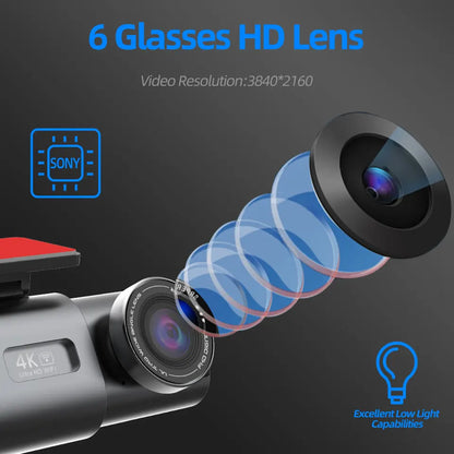 4K UHD Dual Lens Dash Cam Front & Rear | Night Vision, WiFi & GPS Car Dashboard Camera with 24H Parking Mode
