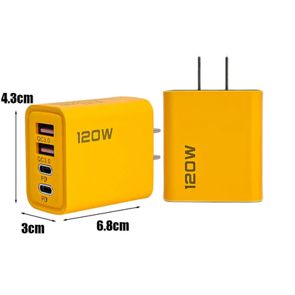 120W Fast Charging 4-Port Wall Charger | Dual USB-C PD + Dual USB-A QC3.0 | UK/EU/US Plug | iPhone & Android