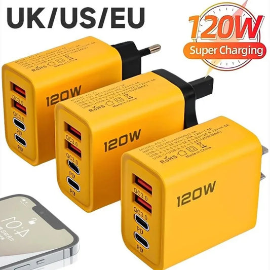 120W Fast Charging 4-Port Wall Charger | Dual USB-C PD + Dual USB-A QC3.0 | UK/EU/US Plug | iPhone & Android