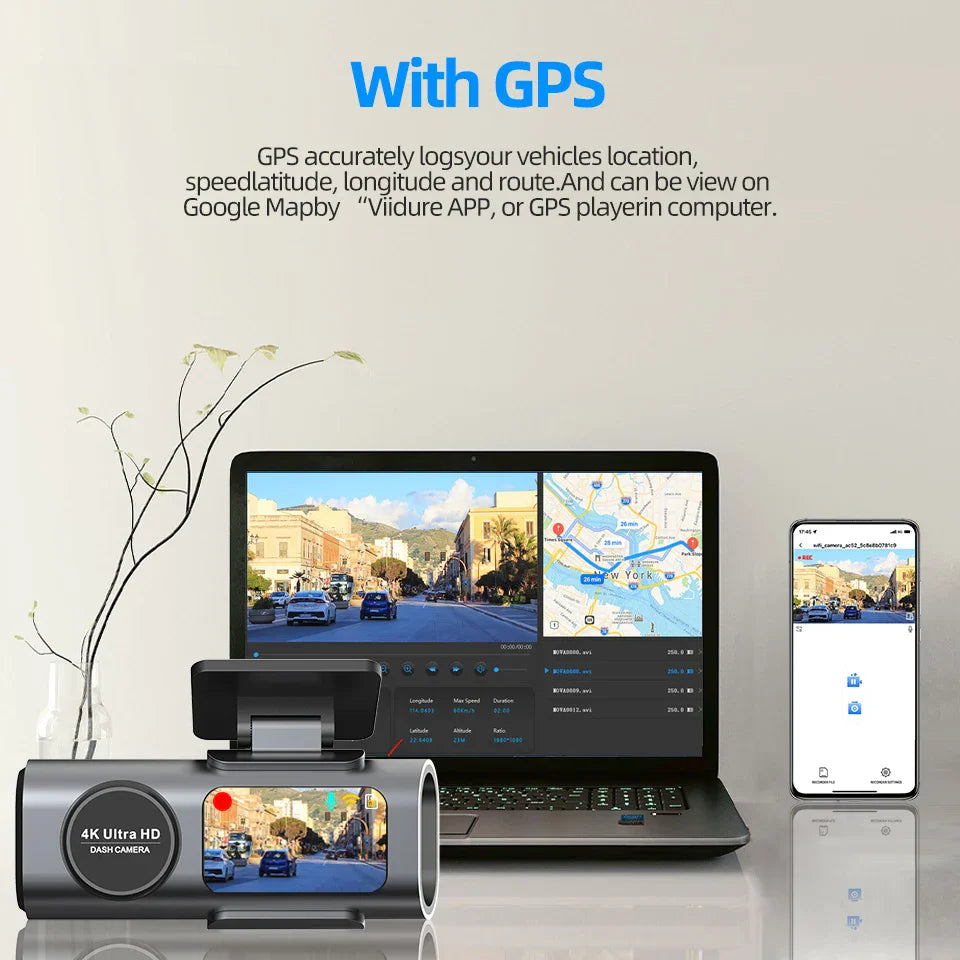 4K UHD Dual Lens Dash Cam Front & Rear | Night Vision, WiFi & GPS Car Dashboard Camera with 24H Parking Mode