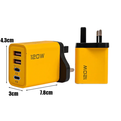 120W Fast Charging 4-Port Wall Charger | Dual USB-C PD + Dual USB-A QC3.0 | UK/EU/US Plug | iPhone & Android