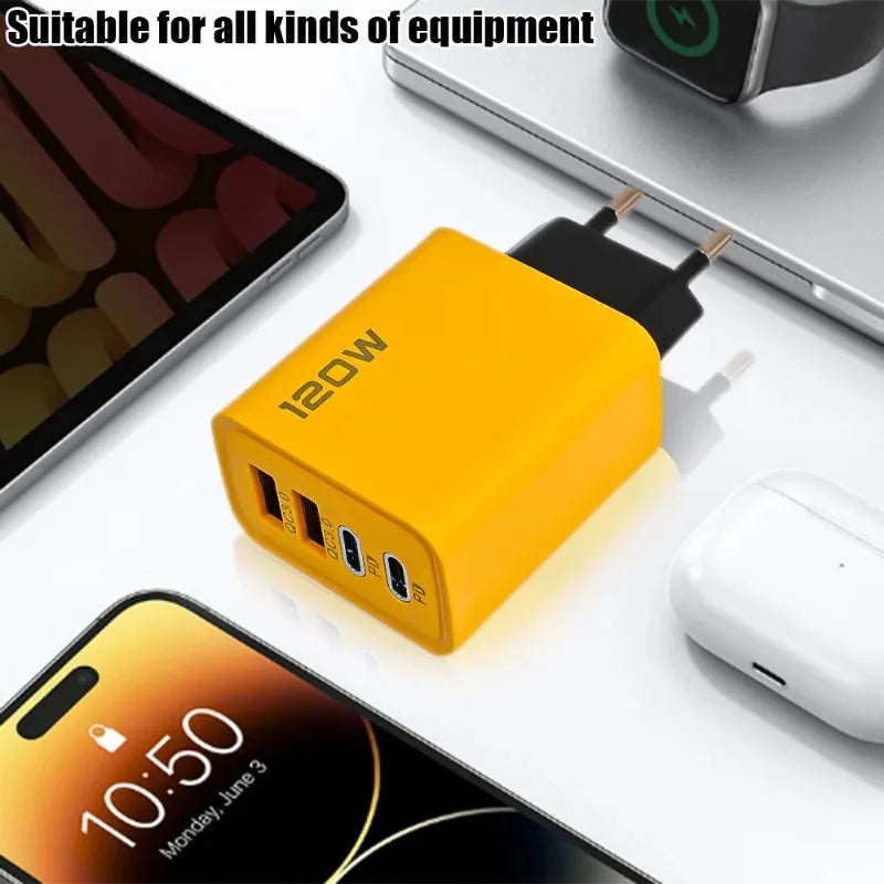 120W Fast Charging 4-Port Wall Charger | Dual USB-C PD + Dual USB-A QC3.0 | UK/EU/US Plug | iPhone & Android