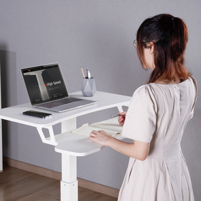 ProperAV Two-Tier Mobile Desk Trolley Workstation | Gas Spring Height Adjustable Sit-Stand Desk with Wheels – White