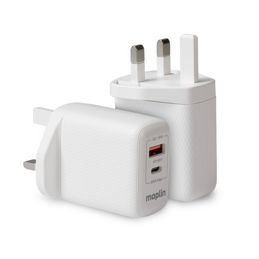 Maplin 65W GaN Wall Charger | USB-C PD 65W + USB-A QC3.0 18W | Laptop & Phone | Dual Port | Compact