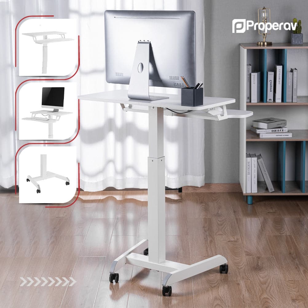 ProperAV Two-Tier Mobile Desk Trolley Workstation | Gas Spring Height Adjustable Sit-Stand Desk with Wheels – White
