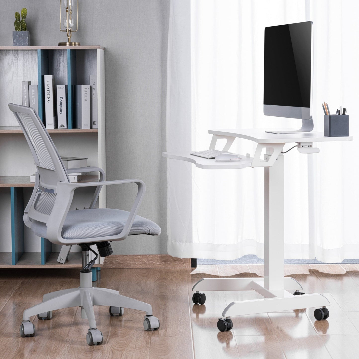 ProperAV Two-Tier Mobile Desk Trolley Workstation | Gas Spring Height Adjustable Sit-Stand Desk with Wheels – White