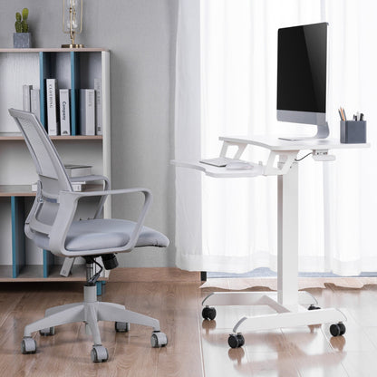 ProperAV Two-Tier Mobile Desk Trolley Workstation | Gas Spring Height Adjustable Sit-Stand Desk with Wheels – White