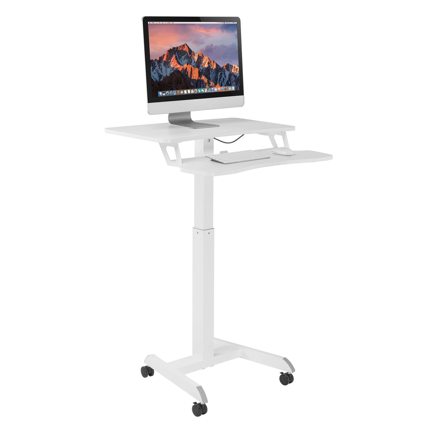 ProperAV Two-Tier Mobile Desk Trolley Workstation | Gas Spring Height Adjustable Sit-Stand Desk with Wheels – White