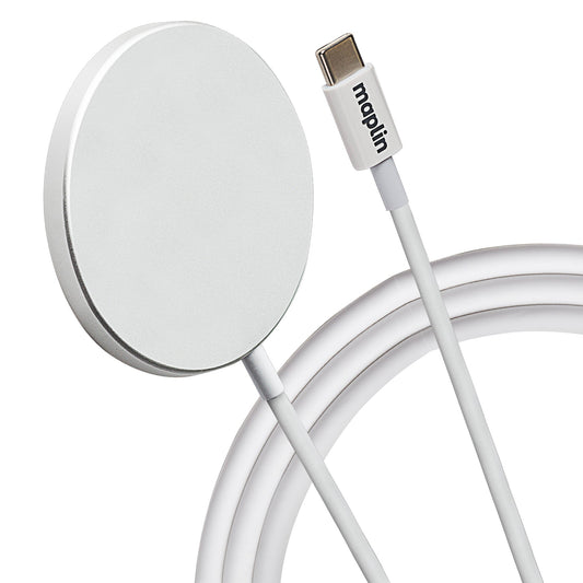 Maplin Magnetic USB-C 15W Wireless Charger | Qi Compatible | iPhone & Android | 55mm Compact Pad