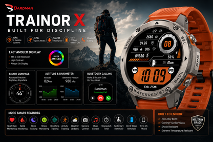 TrainorX GPS AMOLED Smartwatch – 170+ Sports Modes, Dual GPS, 5ATM Waterproof & Health Tracking
